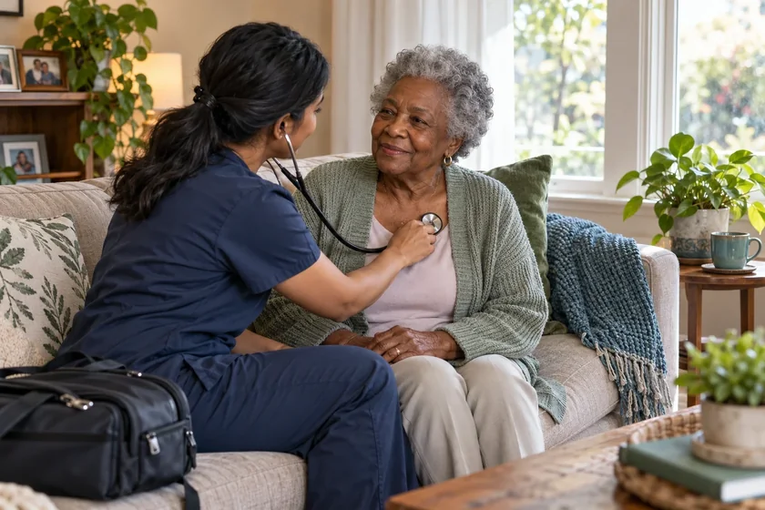 A provider listening to an elderly patient's heart at home