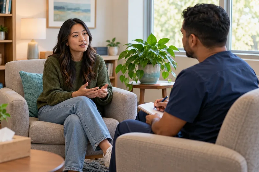 A patient talking with a provider in a calm office