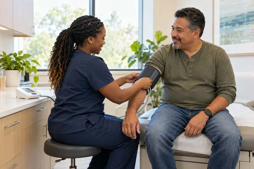 A provider checking a patient's blood pressure in the exam room
